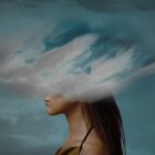 Woman head hidden by soft cloud on blue background, mental health, brain fog