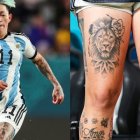 Yamila Rodríguez, integrante de la selección Argentina con los tatuajes de sus dos astros en la pierna izquierda: Maradona y Cristiano Ronaldo.