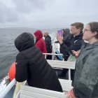 Un rupo de personas participa en una vuelta en barco por el Mar Céltico, organizada para presentar un proyecto que utiliza la IA para proteger a los cetáceos en las costas de Irlanda.
