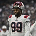 New England Patriots linebacker Jamie Collins Sr. before an NFL football game between the New England Patriots and Las Vegas Raiders, Sunday, Dec. 18, 2022, in Las Vegas. (AP Photo/David Becker)