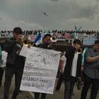 Reacción. Un grupo de músicos participa en la séptima jornada de protestas contra la Fiscalía, en Totonicapán.