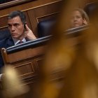 El presidente del Gobierno en funciones Pedro Sánchez durante el primer día del debate de investidura celebrado este miércoles en el Congreso de los Diputados, en Madrid.
