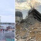 Vista del monumento que glorificaba los acontecimientos del Mármara, antes y después de que el Ejército Israelí lo destruyera durante la toma de “control operativo” del puerto de Gaza.