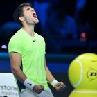 Turin (Italy), 17/11/2023.- Carlos Alcaraz of Spain celebrates during the match against Daniil Medvedev of Russia at the Nitto ATP Finals tennis tournament in Turin, Italy, 17 November 2023. (Tenis, Italia, Rusia, España) EFE/EPA/Alessandro Di Marco