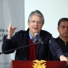 El presidente saliente Guillermo Lasso durante su intervención en Carondelet.