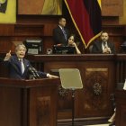 El exmandatario acudió el 16 de mayo de 2023 a defenderse del juicio impulsado por correístas y socialcristianos.