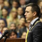 Referencia. El flamante presidente Daniel Noboa durante el cambio de mando, en Quito.
