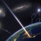 Reproducción del rayo cósmico Amaterasu incidiendo desde el espacio sobre la Tierra, captado por los sensores del Telescopio Array. Un equipo de investigadores internacionales liderados por el profesor asociado Toshihiro Fujii de la Escuela de Ciencias y el Instituto Yoichiro Nambu de Física Teórica y Experimental de la Universidad Metropolitana de Osaka captaron el rayo el 27 de mayo de 2021, y se trata del segundo rayo cósmico más enérgico observado hasta la fecha. EFE/ Osaka Metropolitan University/kyoto University/ryuunosuke Takeshige SOLO USO EDITORIAL/SOLO DISPONIBLE PARA ILUSTRAR LA NOTICIA QUE ACOMPAÑA (CRÉDITO OBLIGATORIO)
