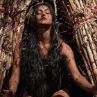 1. Tejidos. Movimientos al compás de la música junto a una escenografía adornado con material cultural y autóctono quichua.