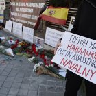 Protesta ante la embajada rusa en Madrid por el asesinato del fallecido líder opositor Alexéi Navalni, la liberación de presos políticos en Rusia y contra la guerra de Ucrania, reste sábado en Madrid.