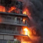 Dos personas aguardan en el balcón a ser rescatadas en el incendio declarado sobre las cinco y media de esta tarde en un quinto piso de un edificio de viviendas de València.