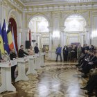 Justin Trudeau (i), Giorgia Meloni, Volodímir Zelenski, Ursula von der Leyen y Alexander De Croo, durante una rueda de prensa este sábado en Kiev.