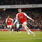London (United Kingdom), 09/03/2024.- Kai Havertz of Arsenal celebrates scoring the 2-1 goal during the English Premier League match between Arsenal FC and Brentford FC in London, Britain, 09 March 2024. (Reino Unido, Londres) EFE/EPA/DAVID CLIFF EDITORIAL USE ONLY. No use with unauthorized audio, video, data, fixture lists, club/league logos, "live" services or NFTs. Online in-match use limited to 120 images, no video emulation. No use in betting, games or single club/league/player publications.