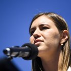 Exasesora Brittany Higgins durante un acto en 2021 en Australia.