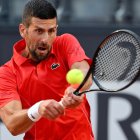 Rome (Italy), 10/05/2024.- Novak Djokovic of Serbia in action against Corentin Moutet of France (not pictured) during their men"s singles match at the Italian Open tennis tournament in Rome, Italy, 10 May 2024. (Tenis, Francia, Italia, Roma) EFE/EPA/ETTORE FERRARI