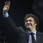 Javier Milei, presidente de Argentina, tras su intervención en la convención política de Vox "Europa Viva 24" que se celebra este domingo en el Palacio de Vistalegre, en Madrid.