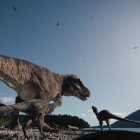 - Fotografía cedida por Giant Screen Films donde aparece una madre Tiranousario Rex y sus crías junto a un lago, especies que protagonizan el documental "T.Rex" sobre el descubrimiento del fósil de un joven dinosaurio Tiranousario Rex (T-Rex), apodado cariñosamente Teen Rex (Adolescente Rex), que será estrenado el 21 de junio. El fósil de un joven dinosaurio Tiranousario Rex (T-Rex) descubierto por tres niños en Dakota del Norte (EE.UU.) puede permitir a los científicos responder preguntas claves sobre este dinosaurio, como cuándo y porqué se convirtió en una especie de enormes proporciones, señala a EFE el científico encargado de recuperar sus restos. EFE/Giant Screen Films /SOLO USO EDITORIAL /NO VENTAS /SOLO DISPONIBLE PARA ILUSTRAR LA NOTICIA QUE ACOMPAÑA /CRÉDITO OBLIGATORIO