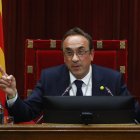 El diputado de Junts Josep Rull pronuncia unas palabras tras ser elegido este lunes como nuevo presidente del Parlament.