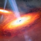 Esta ilustración muestra dos cuásares en proceso de fusión. Un equipo de astrónomos ha descubierto una pareja de cuásares en proceso de fusión observados tan sólo 900 millones de años después del Big Bang, gracias al telescopio Gemini North, que forma parte del Observatorio Internacional Gemini, financiado en parte por la Fundación Nacional de la Ciencia de Estados Unidos y gestionado por el NSF NOIRLab, y al telescopio Subaru. No sólo se trata de la pareja de cuásares fusionados más distante jamás encontrada, sino también de la primera pareja confirmada hallada en el periodo del Universo conocido como Amanecer Cósmico. Crédito.  Observatorio Internacional Gemini/NOIRLab/NSF/AURA/M. Garlick