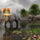 Imagen cedida por Evolutionsmusset Knuthenborg de la representación de un Lokicertops en un pantano hace 78 millones de años al norte de Montana (EE.UU.). . EFE/ Fabrizio Lavezzi