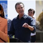 Combo de tres fotografías de archivo de la actual vicepresidenta, Kamala Harris (i), y los gobernadores de California, Gavin Newsom (c), y de Míchigan, Gretchen Whitmer.