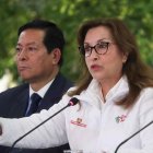 La presidenta Dina Boluarte durante una rueda de prensa este lunes 8 de julio de 2024 en Lima (Perú).