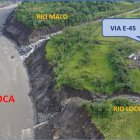 Vista. Toma aérea de las afectaciones que se dan por el avance de la erosión regresiva del río Quijos o también conocido como Alto Coca o Coca.