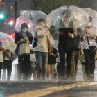 Tokio. Varias personas tratan de protegerse de la lluvia.