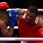 Villepinte (France), 29/07/2024.- Gerlon Gilmar Congo Chala of Ecuador (red) and Abner Teixeira da Silva Junior of Brazil (blue) fight in their Men"s 92kg round of 16 bout of the Boxing competitions in the Paris 2024 Olympic Games, at the North Paris Arena in Villepinte, France, 29 July 2024. (Brasil, Francia) EFE/EPA/DIVYAKANT SOLANKI