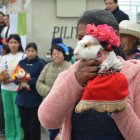 Una mujer muestra su mascota, vestida con el ropaje propio de su comunidad indígena andina.