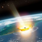 Impresión artística del impacto de un gran asteroide en la Tierra, como el de Chicxulub, que provocó la extinción masiva del Cretácico, hace 66 millones de años. La ilustración muestra el impacto de un asteroide en Chicxulub. Al fondo, el planeta Marte y cuerpos de asteroides.