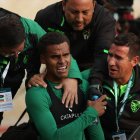 Enzo Monteiro (c) de Bolivia celebra su gol en un partido de las eliminatorias sudamericanas para el Mundial de 2026 entre Bolivia y Venezuela.