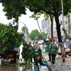 Prevención. Trabajadores cortan exceso de ramas en preparación a la llegada del tifón en la provincia de Hainan.