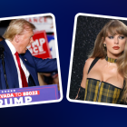 Combo de fotografías que muestra al candidato republicano Donald Trump (i) en un mitin de campaña en la Expo en el World Market Center en Las Vegas el pasado viernes y la cantante Taylor Swift posando durante la alfombra roja de los MTV Video Music Awards 2024
