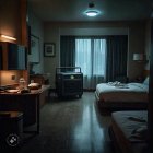 Referencial. Imagen generada con inteligencia artificial de una habitación de hotel con generador eléctrico.