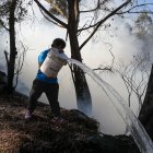 Quito. Una persona trata de apagar el fuego en un bosque.