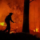Un hombre parte de un grupo de bomberos y vecinos autogestionados combate un incendio forestal este lunes, en Intiyaco en las cercanías de Villa Berna, provincia de Córdoba (Argentina).