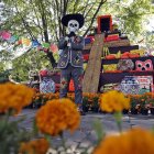 Fotografía del 19 de octubre de 2024 de un hombre disfrazado de catrín frente a una mega ofrenda de Día de Muertos, en la antigua Hacienda San Mateo del municipio de Atlixco (México).