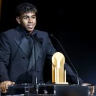 Paris (France), 28/10/2024.- Barcelona and Spain forward Lamine Yamal delivers his speech after receiving the Kopa Trophy for the best player under the age of 21 at the Ballon d"Or 2024 ceremony at the Theatre du Chatelet in Paris, France, 28 October 2024. (Francia, España) EFE/EPA/MOHAMMED BADRA