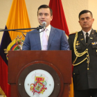 El presidente de la República, Daniel Noboa, durante su intervención por la Independencia de Cuenca.