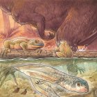 Recreación de renacuajos y adultos de "Notobatrachus degiustoi" en una laguna del Jurásico Medio de Patagonia. Crédito: . Imagen facilitada por Nature.