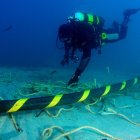 Un buzo se desplaza en las aguas del océano, junto a un cable submarino de fibra óptica.