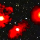 Los tres monstruos rojos son galaxias extremadamente masivas y polvorientas en los primeros mil millones de años posteriores al Big Bang. Crédito: NASA/CSA/ESA, M. Xiao y P. A. Oesch (Universidad de Ginebra), G. Brammer (Instituto Niels Bohr), Archivo Dawn JWST. Imagen facilitada por la Universidad de Ginebra.