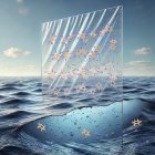 Representación artística del nuevo plástico. Los puentes de sal reticulados visibles en el plástico fuera del agua de mar le dan su estructura y resistencia.