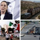 Combo de fotografías de archivo de izquierda-arriba, la presidenta de México, Claudia Sheinbaum; migrantes viajando en el techo de un tren
