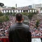 Daniel Noboa ofreció un discurso el domingo pasado cuando inició la campaña electoral
