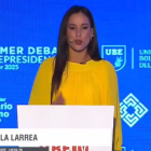 La compañera de fórmula de Henry Cucalón, Carla Larrea, en el debate.