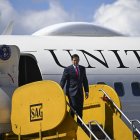 El secretario de Estado de Estados Unidos, Marco Rubio, desembarca en el Aeropuerto Internacional La Aurora en la ciudad de Guatemala el 4 de febrero de 2025.