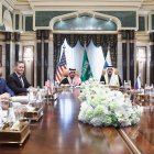 This handout picture taken and released by the Russian Foreign Ministry shows (L-R) US Middle East envoy Steve Witkoff, Secretary of State Marco Rubio, National Security Advisor Mike Waltz, Saudi Arabia"s Foreign Minister Prince Faisal bin Farhan al-Saud, National Security Advisor Mosaad bin Mohammad al-Aiban, the Russian president"s foreign policy advisor Yuri Ushakov, and Russia"s Foreign Minister Sergei Lavrov attending a meeting together at Riyadh"s Diriyah Palace on February 18, 2025. Russia told the United States in talks on February 18 that it opposed any NATO member sending troops to Ukraine as part of a ceasefire, Moscow"s foreign minister said. (Photo by RUSSIAN FOREIGN MINISTRY / AFP) / RESTRICTED TO EDITORIAL USE - MANDATORY CREDIT "AFP PHOTO / X ACCOUNT OF RUSSIAN FOREIGN MINISTRY " - NO MARKETING NO ADVERTISING CAMPAIGNS - DISTRIBUTED AS A SERVICE TO CLIENTS