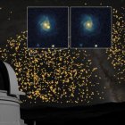 El telescopio Palomar de 48 pulgadas, en el Observatorio Palomar de California, con una imagen de la Vía Láctea al fondo. Las estrellas representan el número de supernovas descubiertas en cada dirección y el recuadro es una imagen de una galaxia después (izquierda) y antes (derecha) de la explosión de la supernova. Fotografía facilitada por